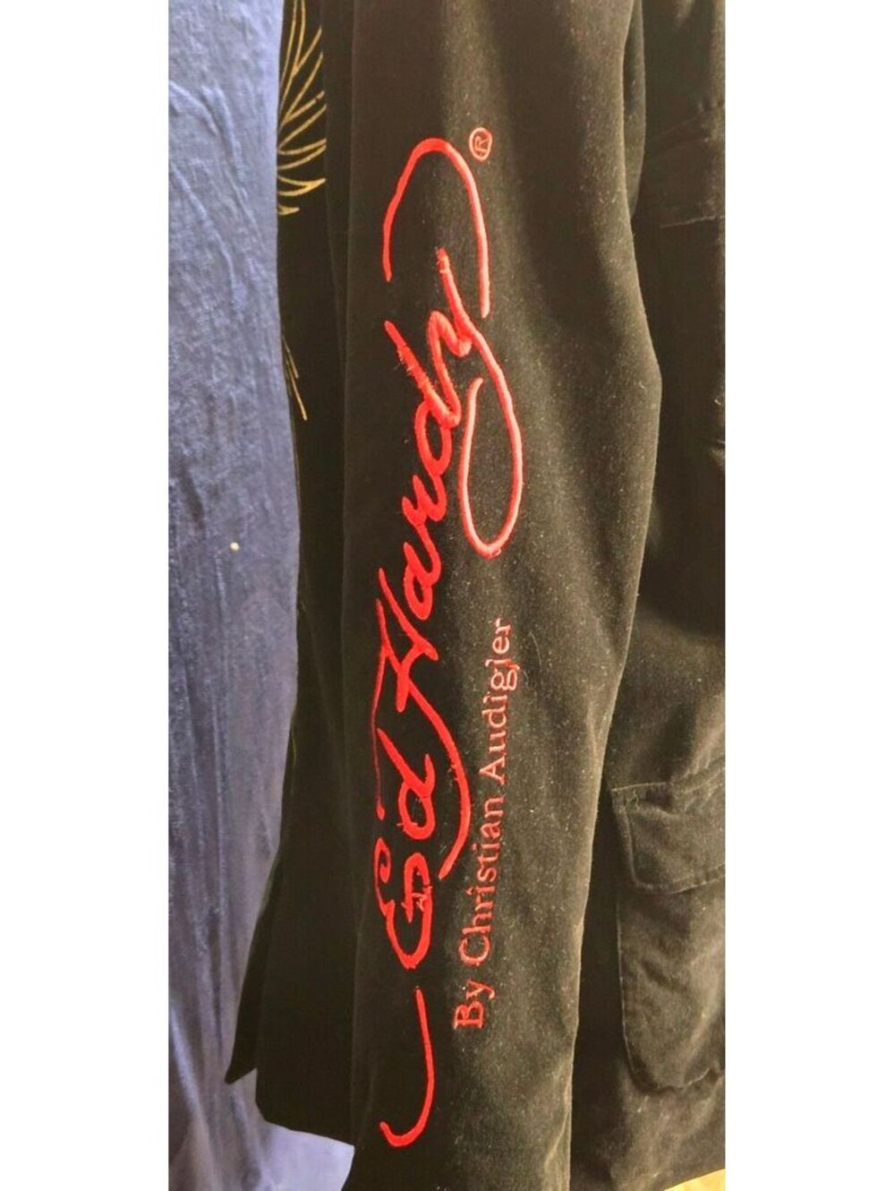 Ed Hardy By Christian Audigier Men's Embroidered Black Velvet Jacket